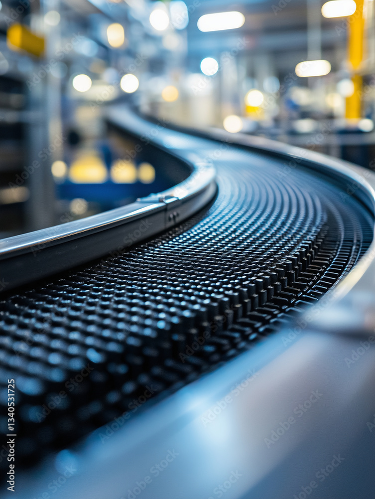 Obraz premium Close-up of a black plastic circular conveyor belt with metal edges, in a modern factory setting. The image has high resolution, clear and sharp focus, and a photorealistic style 