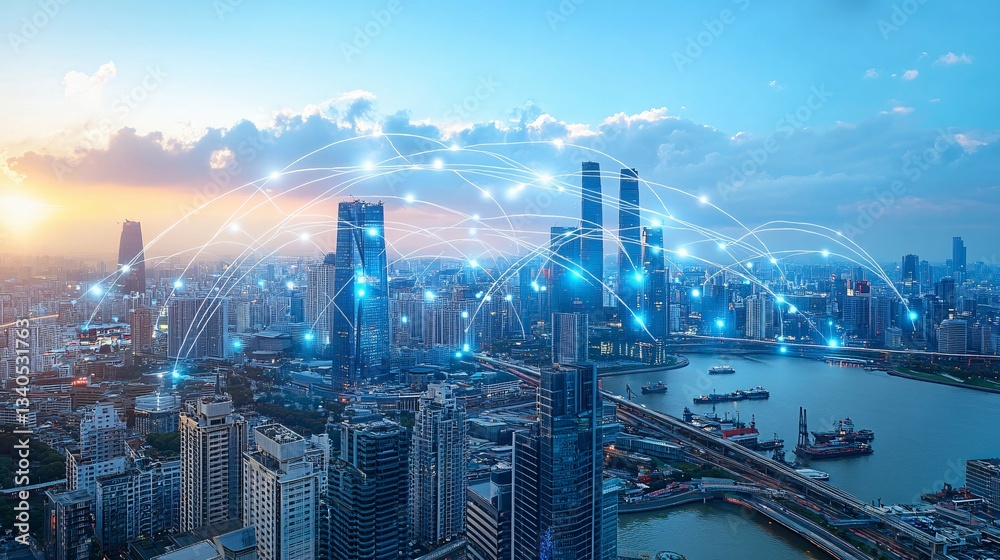 Fototapeta premium City skyline connected with glowing lines representing network links