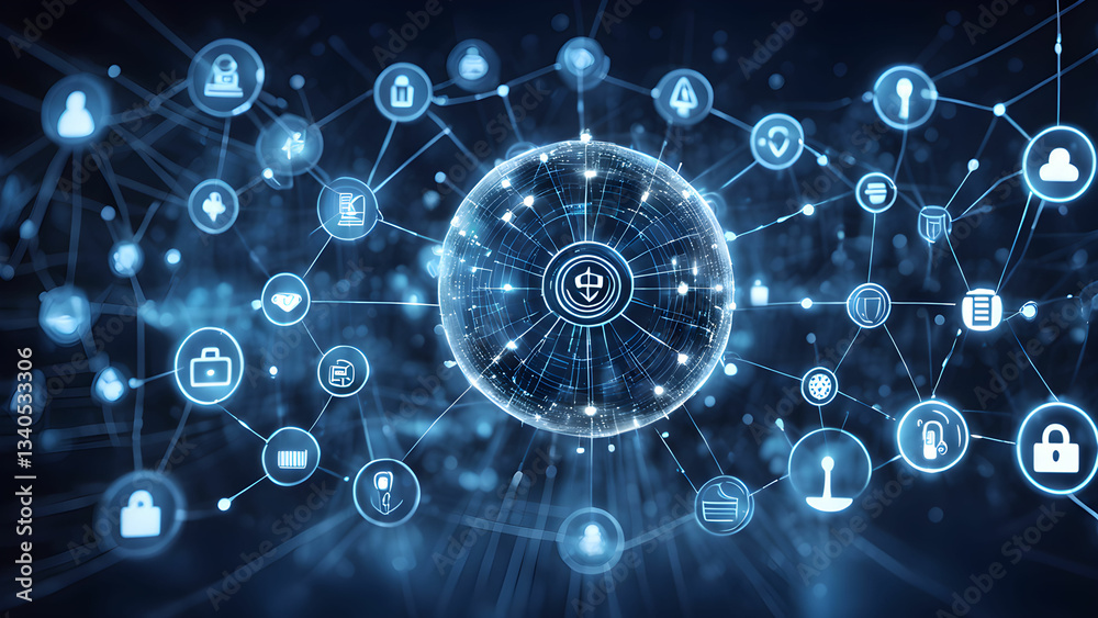 Obraz premium Abstract illustration depicting a futuristic global network security system interconnected nodes security icons.