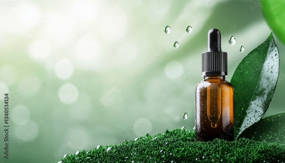 Fototapeta premium Serum bottle placed on a lush bed of moss, surrounded by dewdrops, morning sunlight filtering through leaves, creating a fresh, organic, and luxurious feel