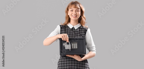 Happy woman with safe box a...