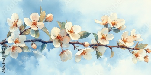 Fototapeta Naklejka Na Ścianę i Meble -  Soft spring colors fill the composition with blooming pear blossoms and vibrant green leaves, evoking a feeling of renewal and freshness in nature