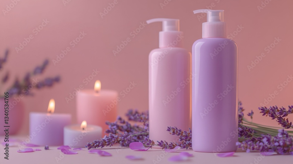 two long shampoo bottle in light purple and light pink, candles and lavender flowers on the table, with soft purple tones, a dreamy atmosphere two long shampoo bottle in light purple and light pink, candles and lavender flowers on the table, with soft purple tones, a dreamy atmosphere
