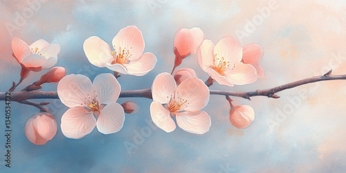 Delicate pear blossoms bloom on a slender branch, surrounded by soft pastel colors, embodying the essence of spring and nature's renewal in this beautiful artwork