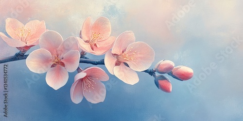 Delicate pear blossoms in shades of white and pastel unfold on a gentle spring background. The artwork embodies the freshness of the season with natural elegance