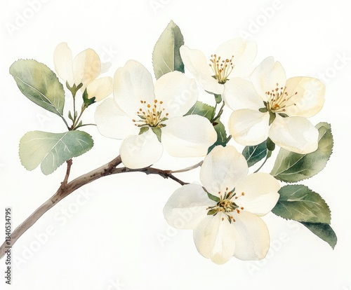 Watercolor illustration showcases delicate pear blossoms blooming against a soft spring background, highlighting pastel flowers and lush green leaves