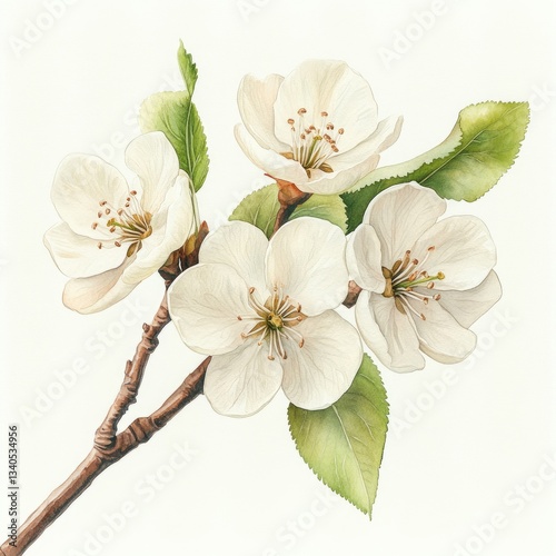 Watercolor illustration showcases blooming pear blossoms with soft white and pastel hues, set against a light spring background, exuding a delicate, airy feel