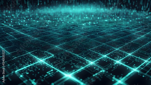 Abstract image a futuristic digital network grid glowing teal lines bokeh effects, representing data flow connectivity.