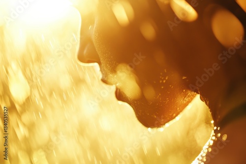 Close-up of a person jogging outdoors with golden sunlight highlighting sweat