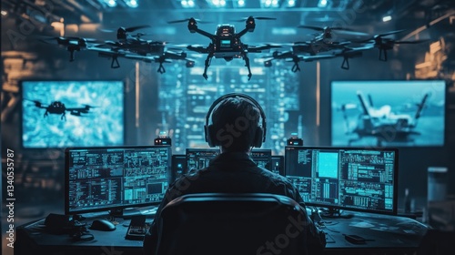 Futuristic drone command center with pilot monitoring unmanned aerial vehicles
