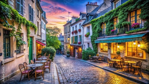 Fototapeta Naklejka Na Ścianę i Meble -  Montmartre Old Street Paris France, High Depth of Field Photography, Charming Cobblestone Streets, Scenic Parisian Alleyway, Picturesque View, Artistic Architecture