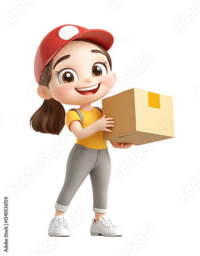 A cheerful and happy 3D cartoon delivery girl holding a box with a bright smile. Designed in a cute and playful style. Isolated on a transparent background