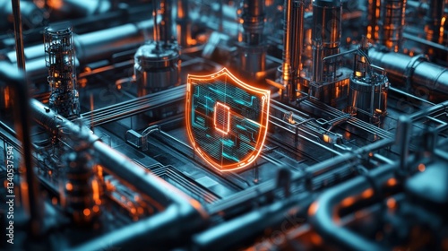 A complex network of industrial pipelines overlaid with a digital shield, symbolizing the protection of critical infrastructure from cyber intrusions.