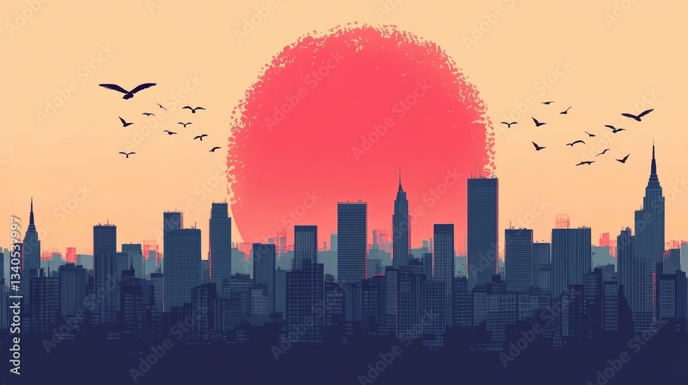 Fototapeta premium Urban skyline silhouette at sunset with flying birds above