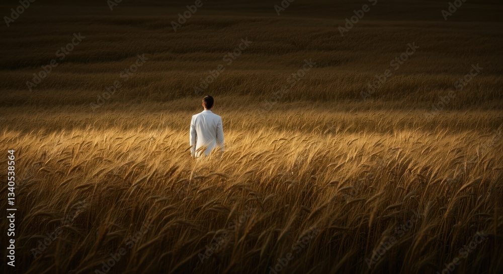 Man in White Suit Standing in Serene Wheat Field at Sunset: Tranquility and Solitude Amidst Nature Man in White Suit Standing in Serene Wheat Field at Sunset: Tranquility and Solitude Amidst Nature