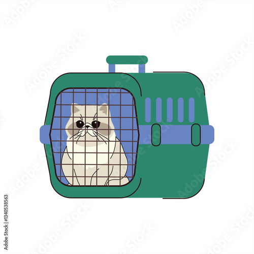 Flat style illustration of a Persian cat inside a pet carrier. Perfect for themes related to pet travel, transportation, and safety, emphasizing secure and comfortable journeys for cats and small