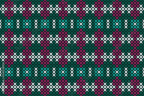 A luxurious cross-stitch pattern that combines fascinating art. Perfect for clothing, bags and other designs. Purple, red, green and white pattern.