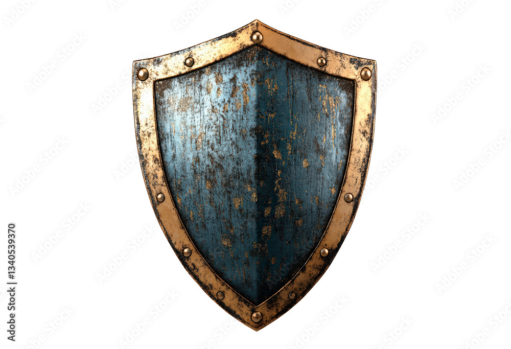 Medieval shield featuring metallic surface and gold trim isolated on transparent background Medieval shield featuring metallic surface and gold trim isolated on transparent background