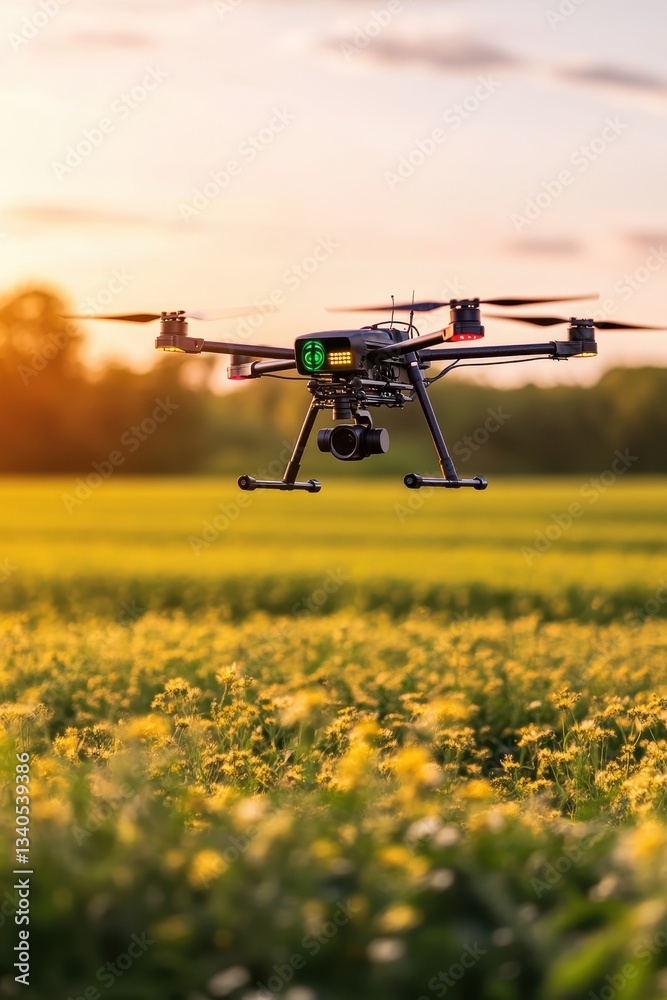 High-tech farming drone soaring over lush fields, enhancing agriculture with precision and innovation. High-tech farming drone soaring over lush fields, enhancing agriculture with precision and innovation.