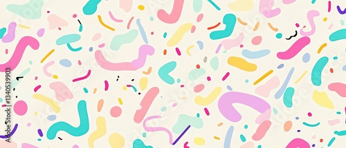 Simple geometric abstract pattern with tiny curved shapes, bright pastel colors, and a clean seamless design