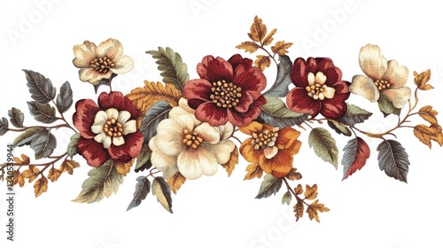 Detailed floral border with a mix of rich burgundy, cream, and orange blooms.  Intricate botanical design with leaves and branches