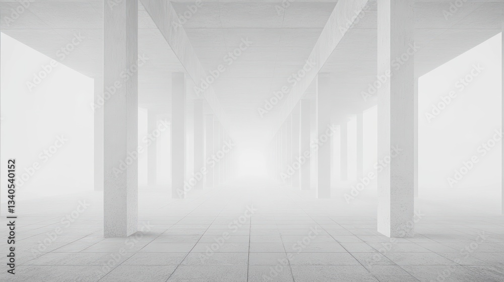 Fototapeta premium White concrete hallway, empty, foggy, architectural, interior, modern, empty space, high ceilings