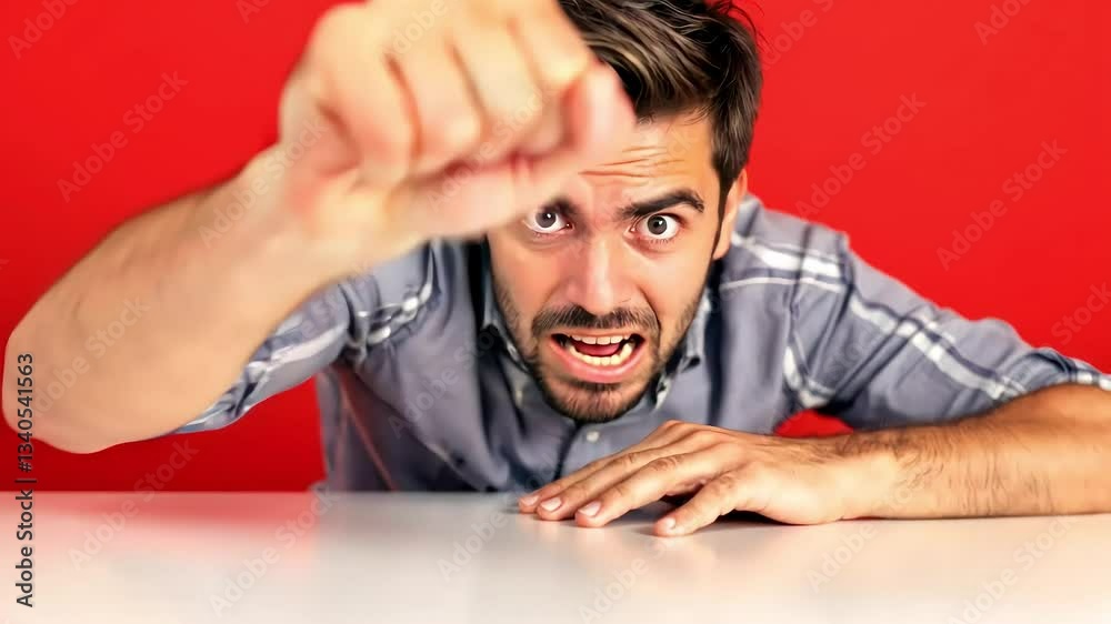 Angry Man with Clenched Fist Against Red Background Angry Man with Clenched Fist Against Red Background