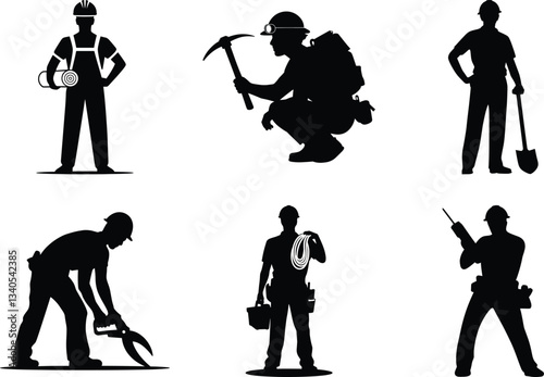 Construction worker black silhouette clipart SVG bundle design isolated on transparent background, worker icon bundle, builder silhouettes, helmet, contractor worker silhouette vector illustration. 