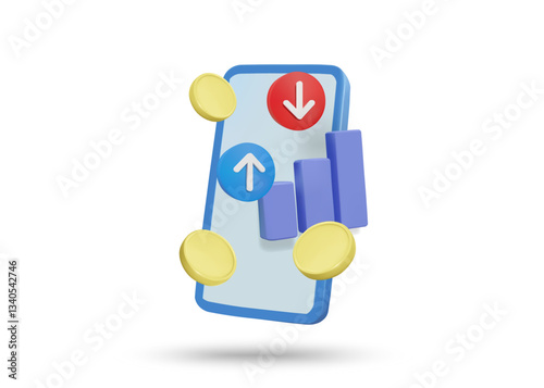 3D illustration vector render of mobile phone icon, bar chart, up and down arrows and coins. Financial market trading and analysis concept. Market volatility, investment, isolated assets on white
