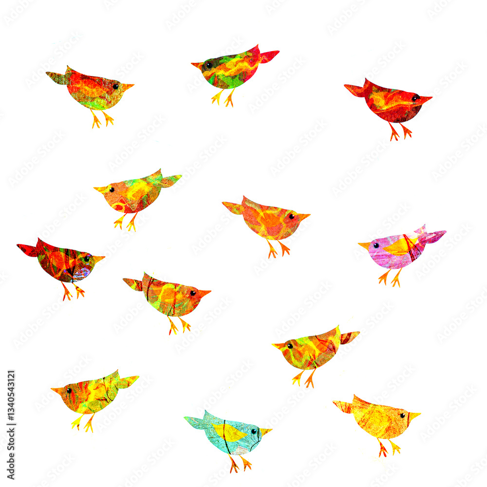 Fototapeta premium Ilustracja stado kolorowych ptaszków ptaki w różnych wersjach kolorystycznych białe tło