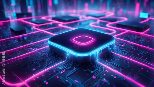 Abstract image a futuristic neon circuit board glowing pink blue lines, showcasing technological advancement innovation.