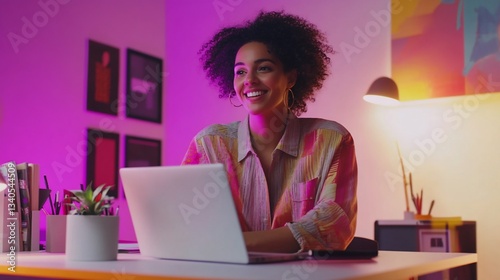 Woman working with laptop in colorful home office at night with pink light