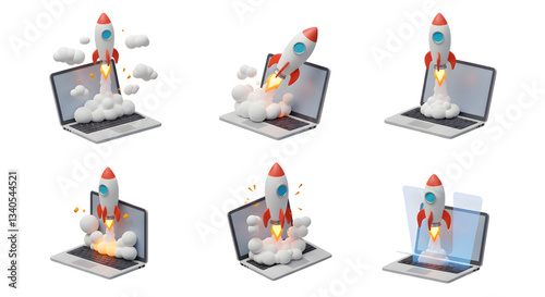 Rocket launching from laptop screen shows concept of startup business