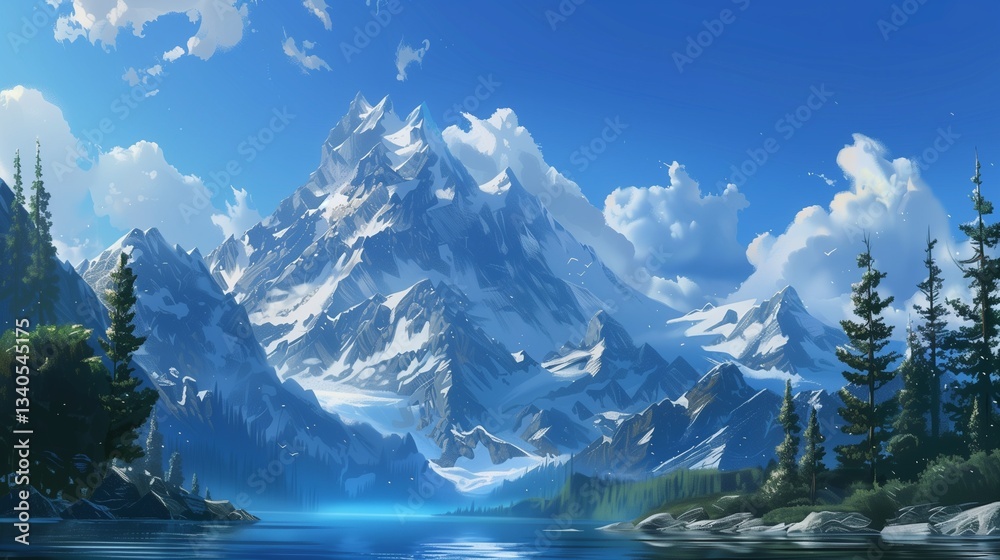 Fototapeta premium A serene mountain landscape with snow-capped peaks and a bright blue sky