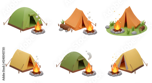Camping Tents and Campfires Illustration Set for Outdoor Adventure Theme