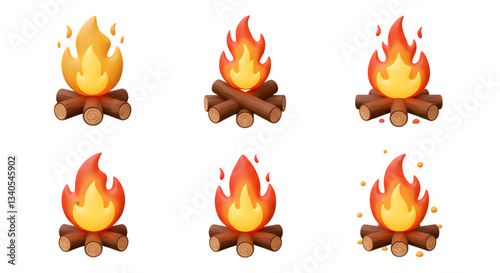 Illustrations of Campfire with Burning Flame and Wood Logs on Transparent Background