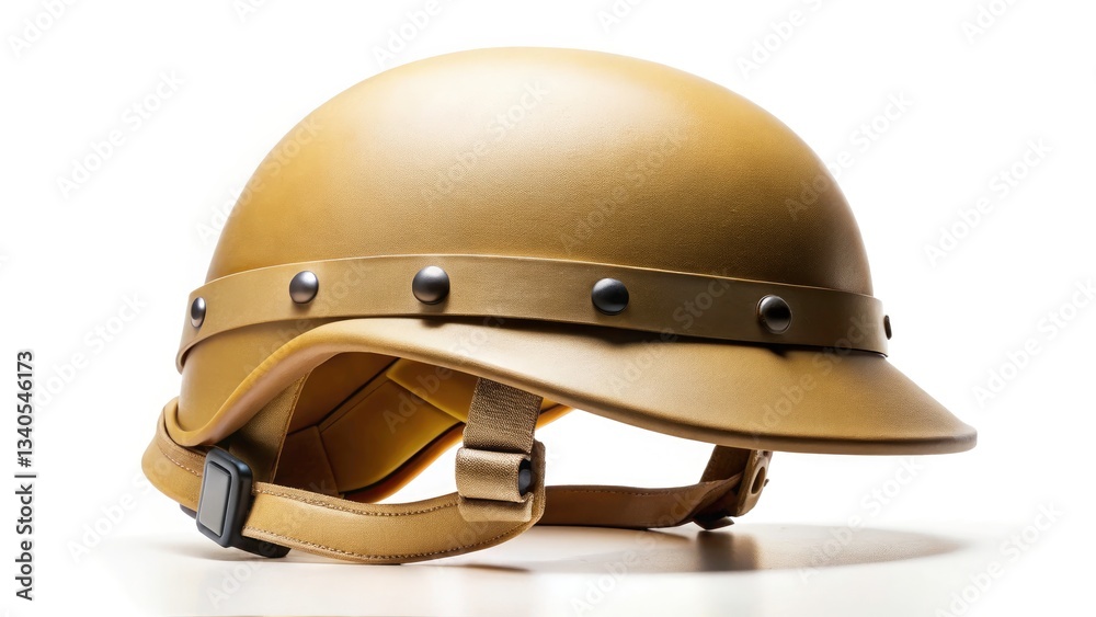 Fototapeta premium Tan Military Helmet, Isolated, Combat Gear, Army Head Protection, Military Equipment, Headgear, Protective Helmet, Army Helmet, Combat Helmet, Military Headwear