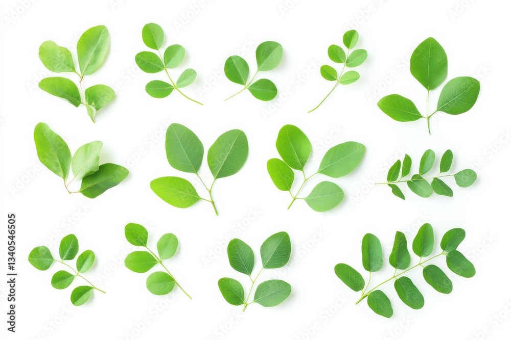 Obraz premium Collection of moringa oleifera leaves isolated on a white background in a flat lay arrangement