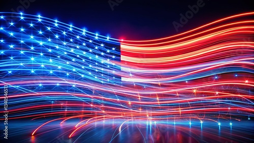 Night Photography: Abstract Flag Lines, Glowing Stripes, Dark Background, Patriotism, Symbolic