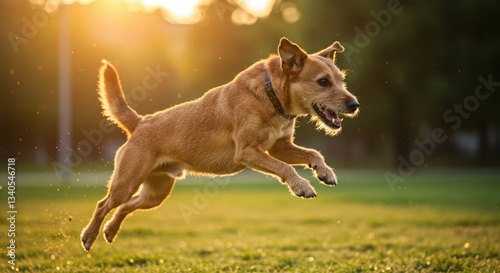 Energetic brown dog leaps joyfully in a sunlit park, embodying playful canine fun and freedom.