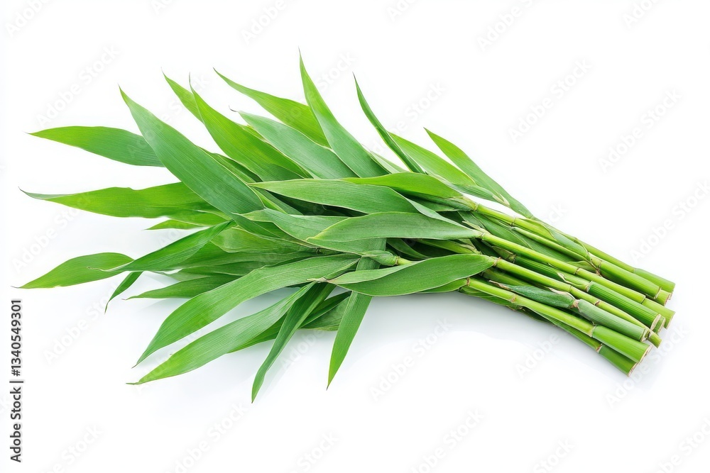 Fototapeta premium A bundle of fresh green bamboo stalks and leaves isolated on a bright white background surface view