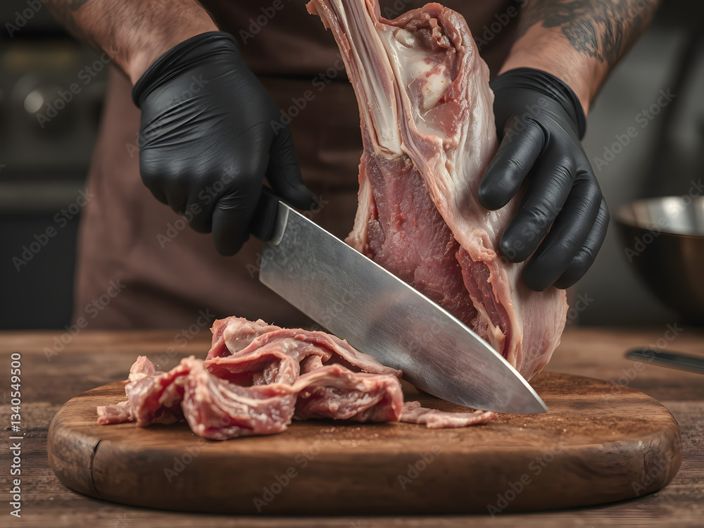 Close up of the butcher wearing glove cuts the meat with knife Close up of the butcher wearing glove cuts the meat with knife
