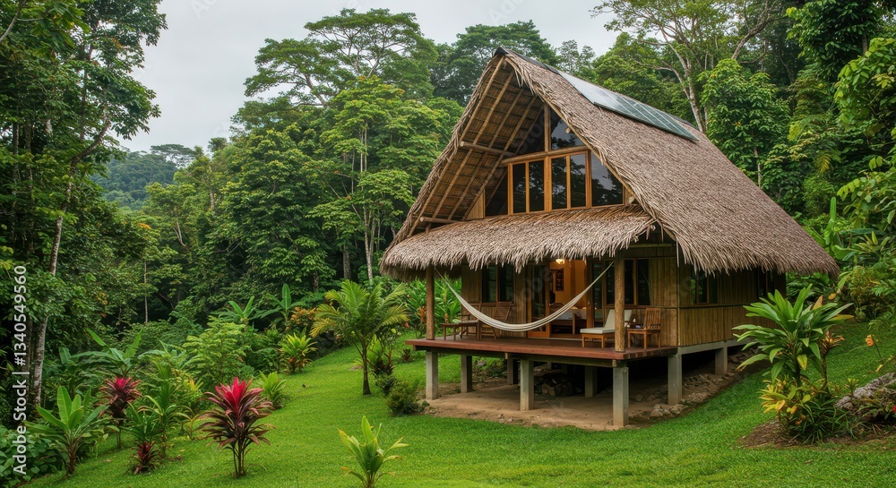 Tropical Hut in Jungle Setting with Hammock on Covered Deck Tropical Hut in Jungle Setting with Hammock on Covered Deck