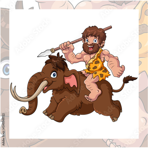 Cartoon young caveman riding mammoth