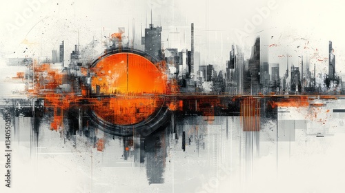 Abstract cityscape with orange sun and geometric elements