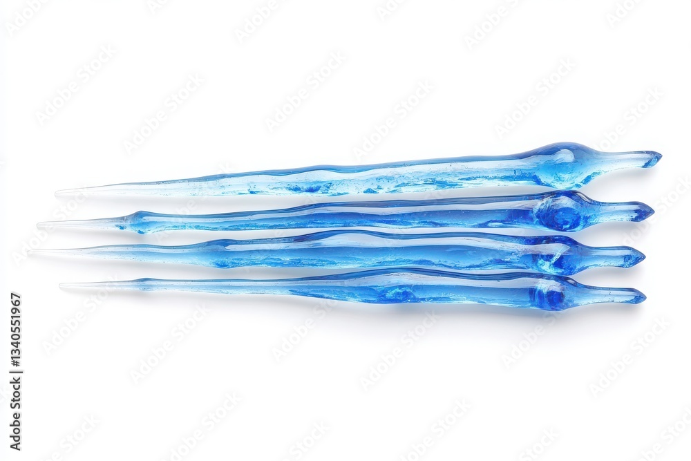 Fototapeta premium A close up of four blue glass icicles arranged horizontally on a white background studio shot design