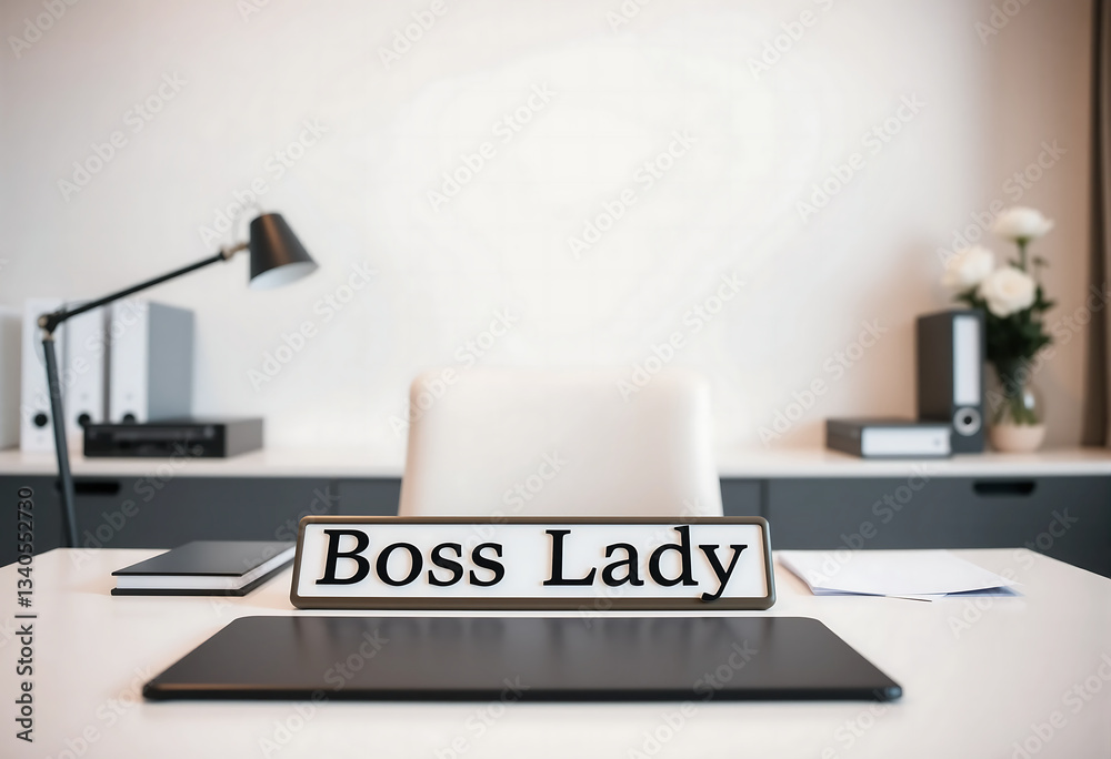 Fototapeta premium Boss Lady desk sign, symbolizing empowerment and leadership in modern office.