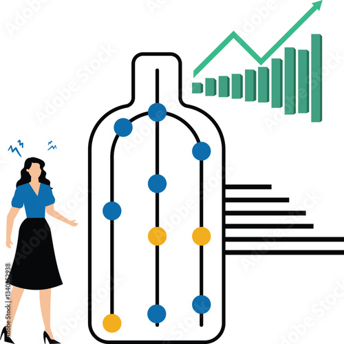 Bottleneck analysis concept, businesswoman looking for system least capacity