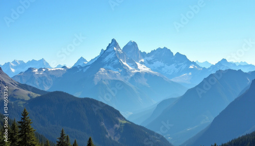 Majestic mountain peaks rise above lush green valleys under clear blue sky. stunning landscape showcases nature beauty and tranquility