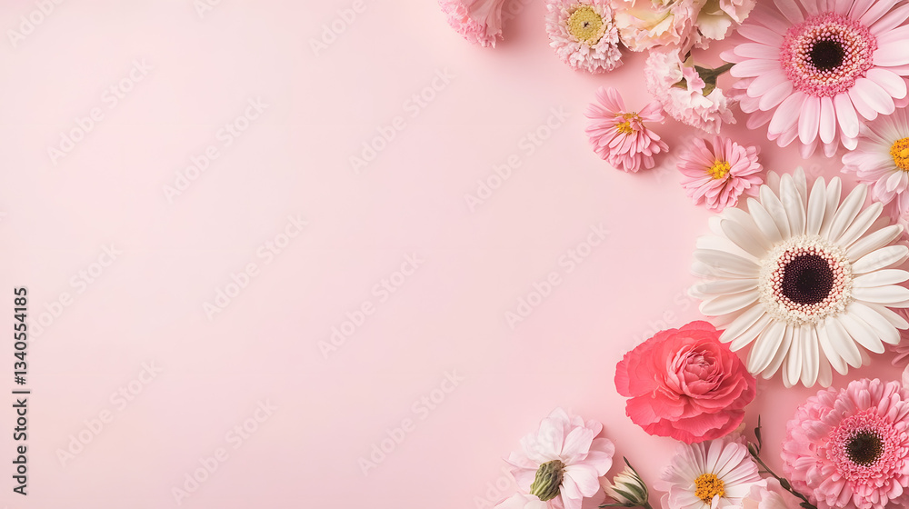 Fototapeta premium Pink background with pink flowers in the corner and empty space for text. Floral background for beauty advertising template.